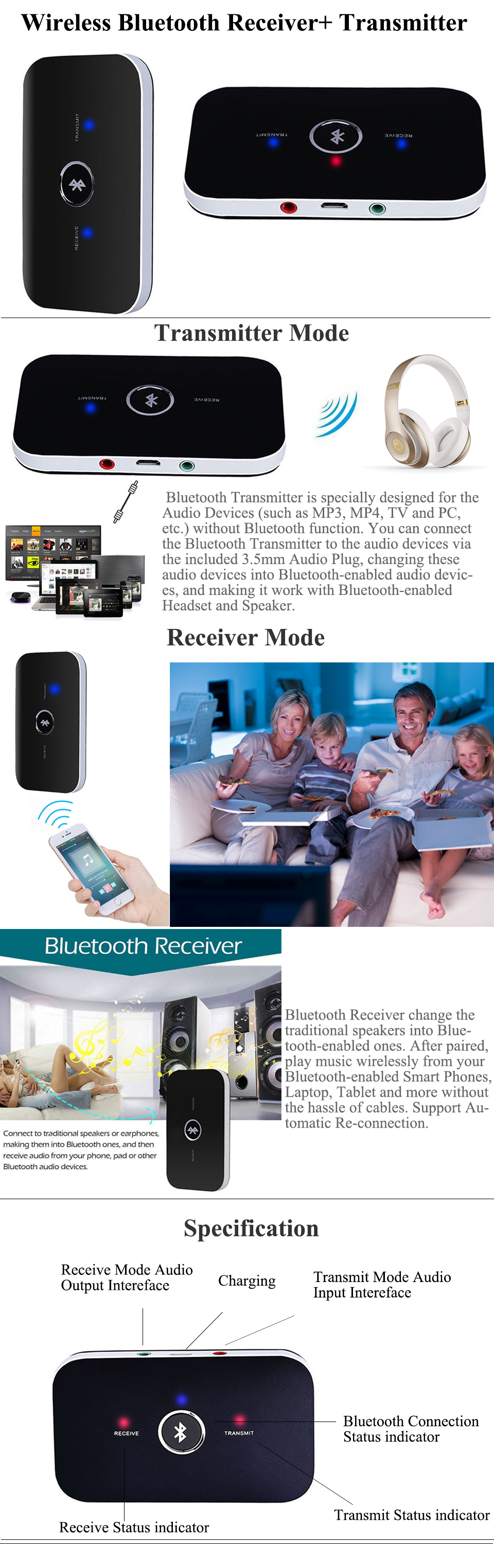 Dailyinshop 2in1 Wireless-BT Transmitter und Empfänger A2DP Musik Stereo-Audio-Adapter Car Kit Sender Empfänger 