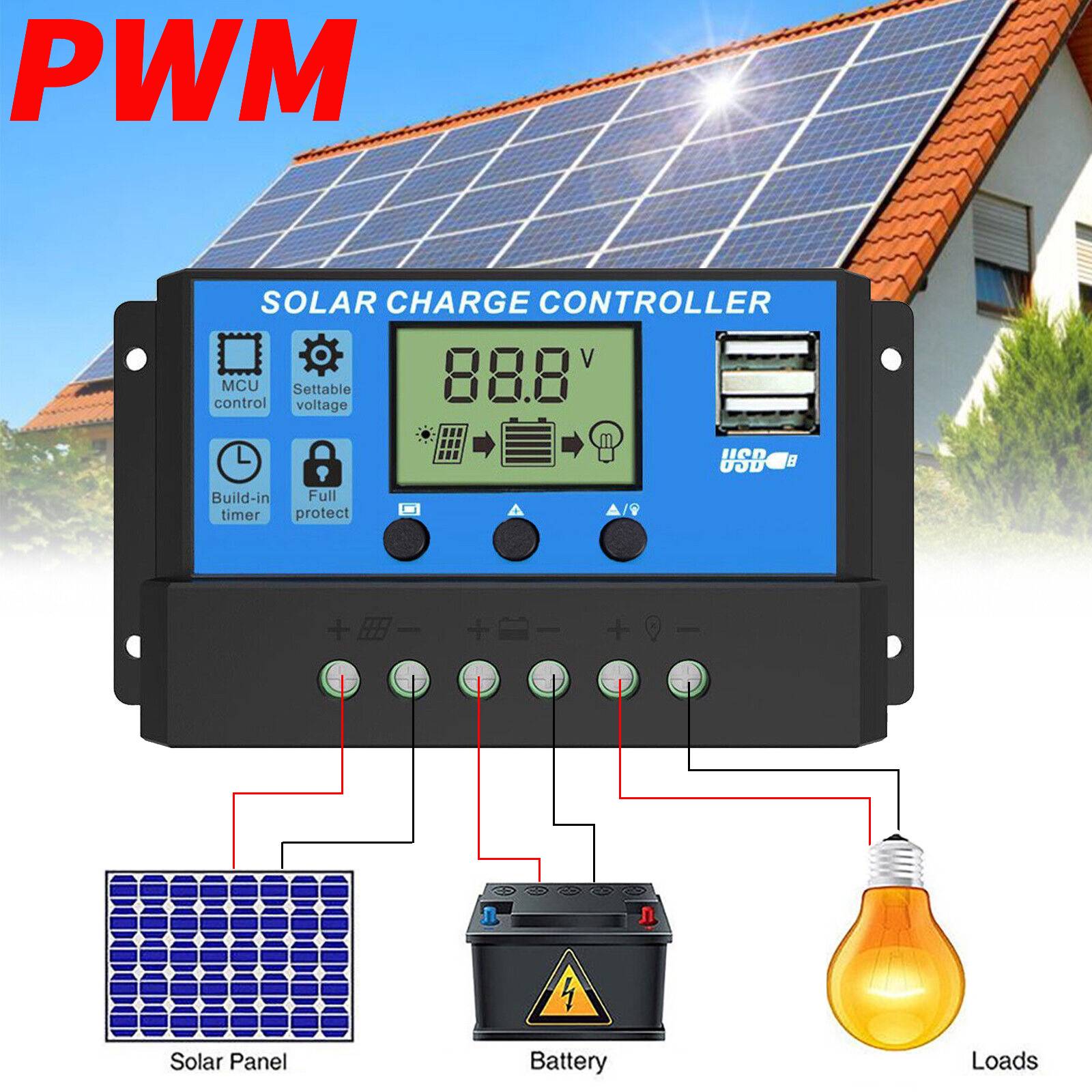 30-100A MPPT Solar Panel Regulator Charge Controller 12V/24V Auto Focus Tracking
