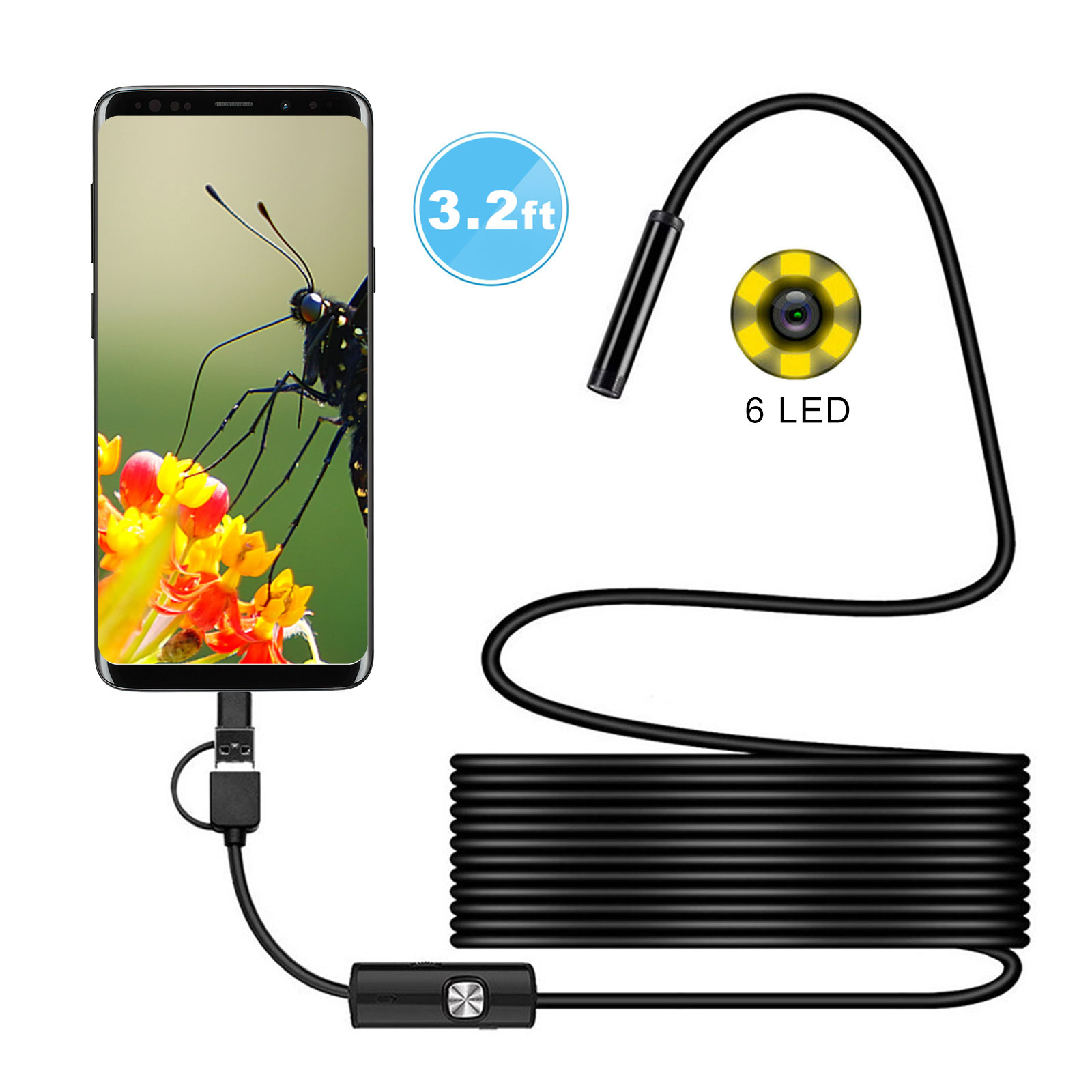 Mac Miuline HD endoscope 5 m caméra dinspection 3 en 1 avec LED étanche 1 m/2 m/3,5 m/5 m/10 m Câble serpent rigide pour Android IOS 