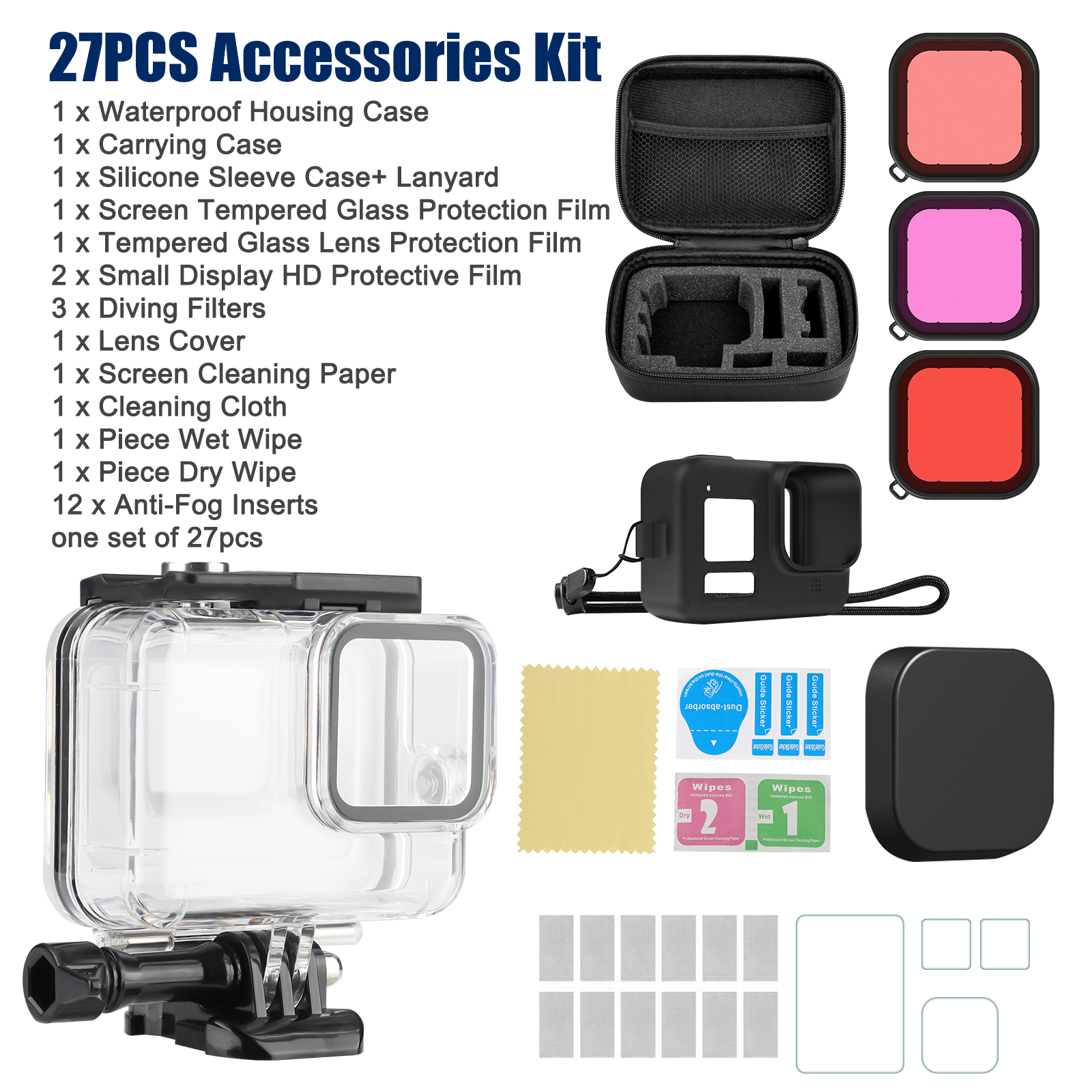 Accessories Kit for Gopro Hero 12 11 10 9 Black Accessory Bundle Waterproof  Housing Case Filter Silicone Protector Lens Screen Tempered Glass Head